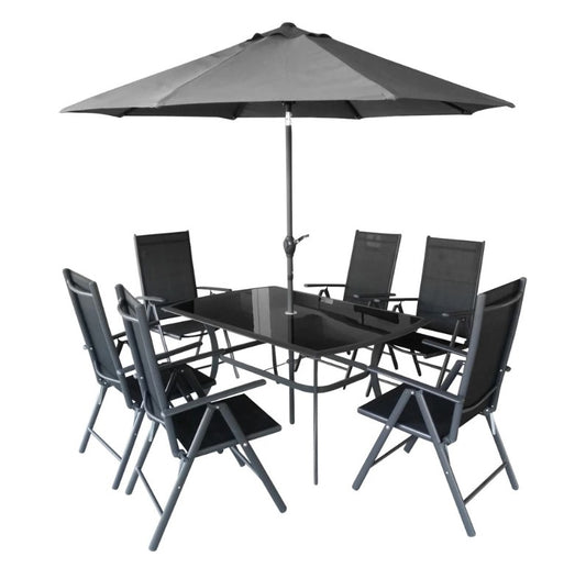 Set mobilier de gradina Hecht, 1 masa, 6 scaune si umbrela Shadowset
