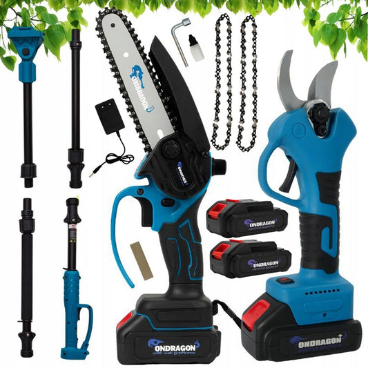 Set fierastrau si foarfeca pentru crengi si gard viu cu acumulator, brat telescopic 2 m, 2 x 36 V, 5 Ah, Ondragon OD9140