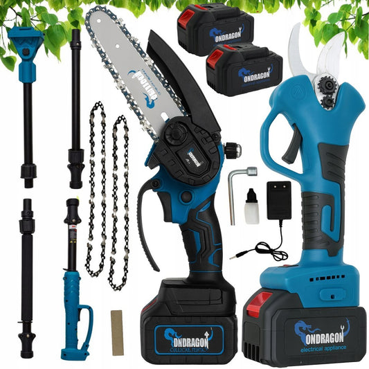 Set fierastrau si foarfeca de gradina pentru crengi si gard viu cu acumulator, brat telescopic 2 m, 2 x 48 V, Ondragon OD9141