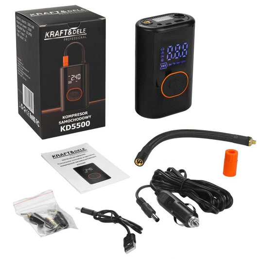 Compresor auto 3 in 1 cu acumulator, lanterna, baterie externa, 5000 mAh, 0.3-10 bar, 30 l / min, Kraft&Dele KD5500