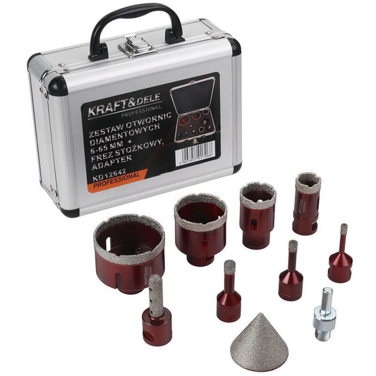 Set carote diamantate 6-65 mm + freza diamantata conica, prindere 1 / 4", 9 bucati, Kraft&Dele KD12642