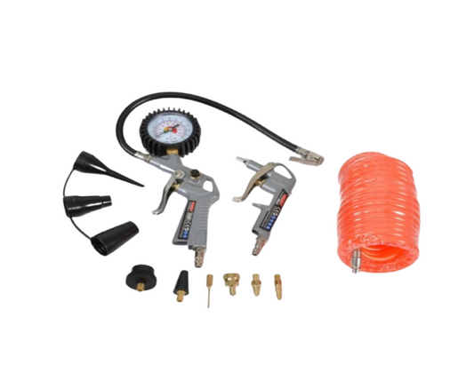 Kit accesorii pentru compresor, pistol de suflat cu manometru si furtun, racord 1 / 4, furtun spiralat 5 m, ace pentru umflat, Hecht 002026