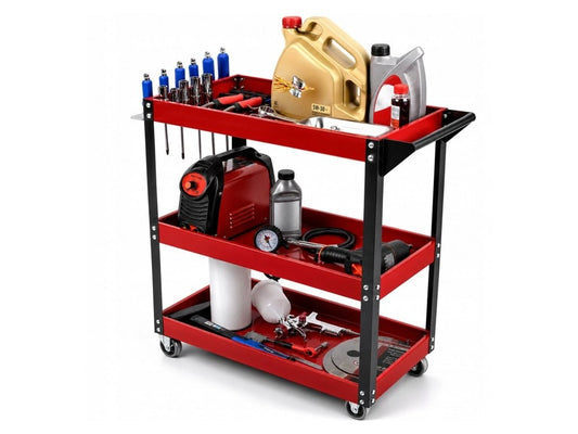 Carucior de atelier pentru scule cu 3 rafturi, capacitate maxima 136 kg, rosu, Ondragon LE223