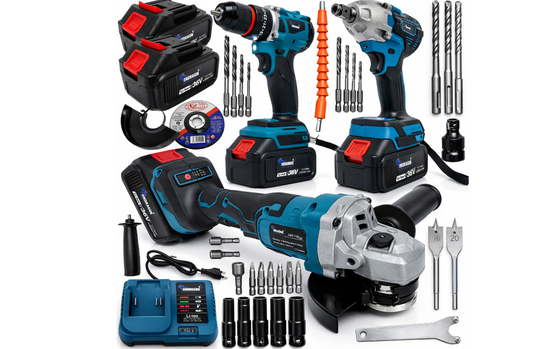 Set masina de gaurit si insurubat, cheie electrica de impact si polizor unghiular cu acumulator 3 in 1, 2 x 36 V, Ondragon OD9138