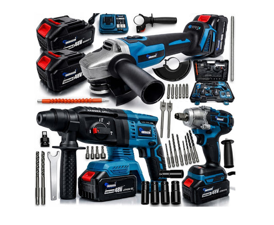 Set 3 in 1 Polizor unghiular, cheie electrica de impact si ciocan rotopercutor cu acumulator, 2 x 48 V, Ondragon OD9129